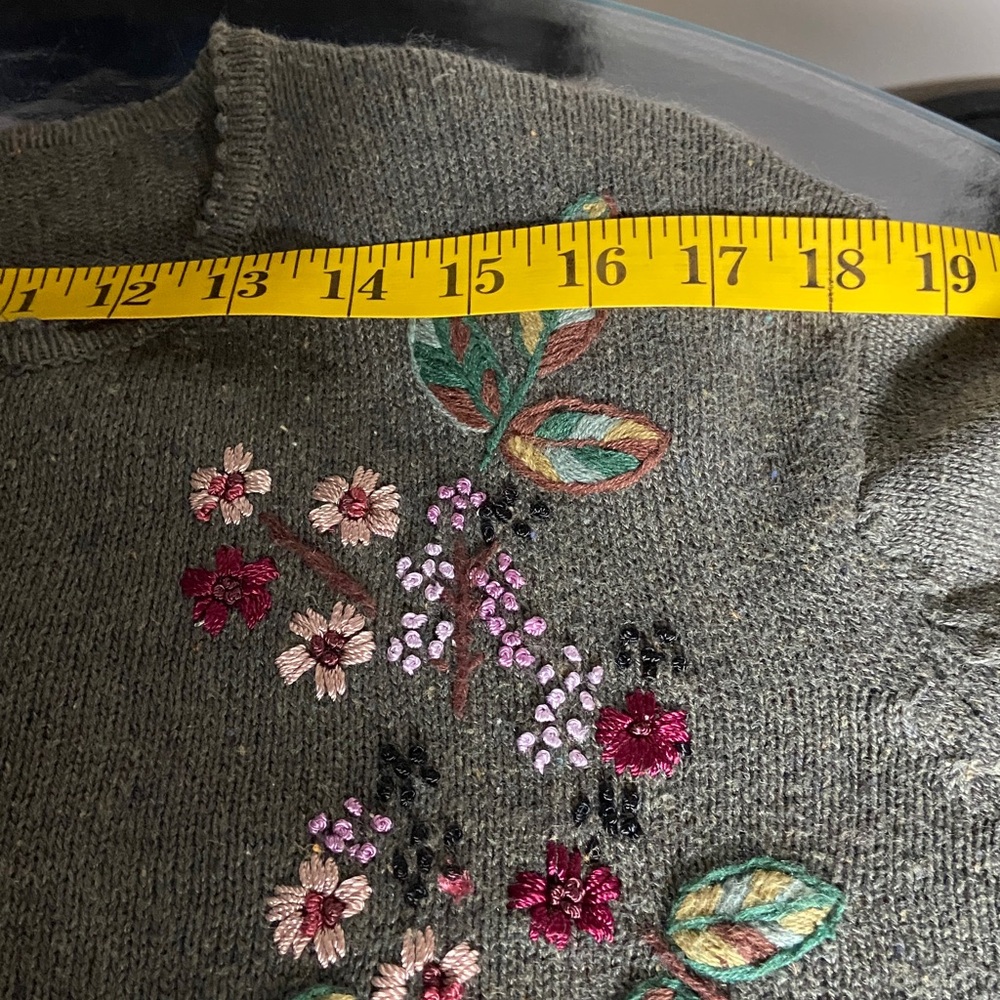 Vintage Tiara Green/Gray Floral Embroidered Cotton/Ramie Cardigan PL - Picture 4 of 14